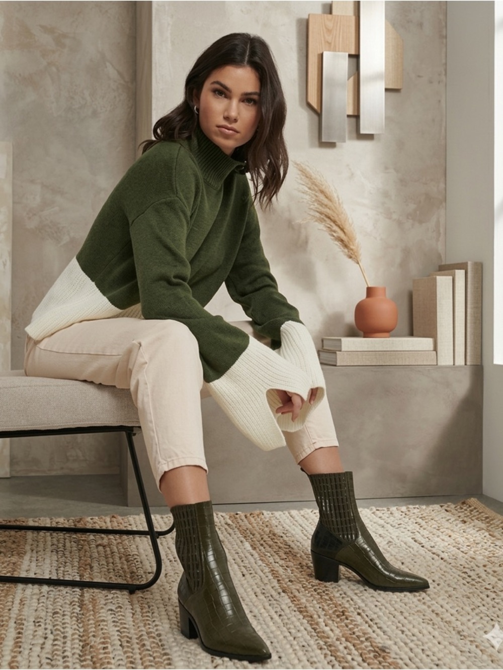 NA-KD Nordstrom Sweater High Funnel Neck Knit Bell Sleeve Medium Green White NWT